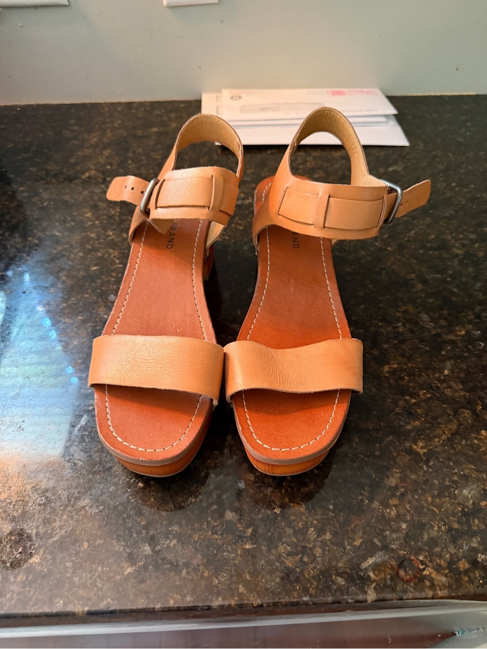 Lucky Brand Tan Leather Wedge Sandals with Ankle Strap